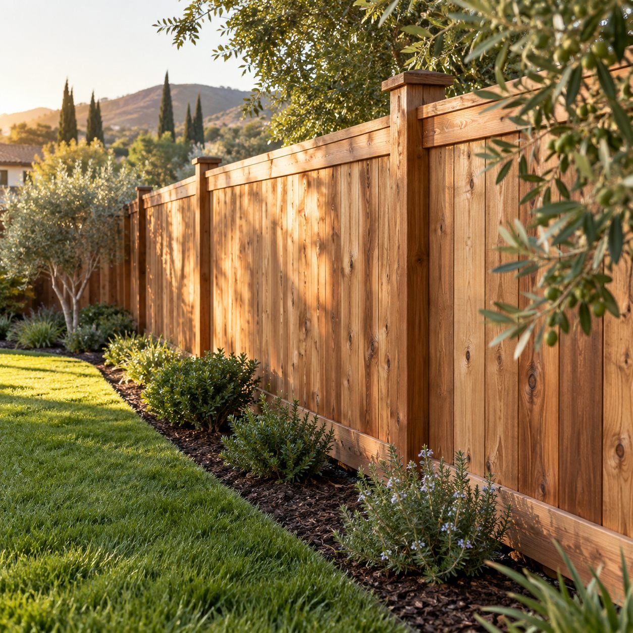 Illustrative cedar fence bordering a green residential yard