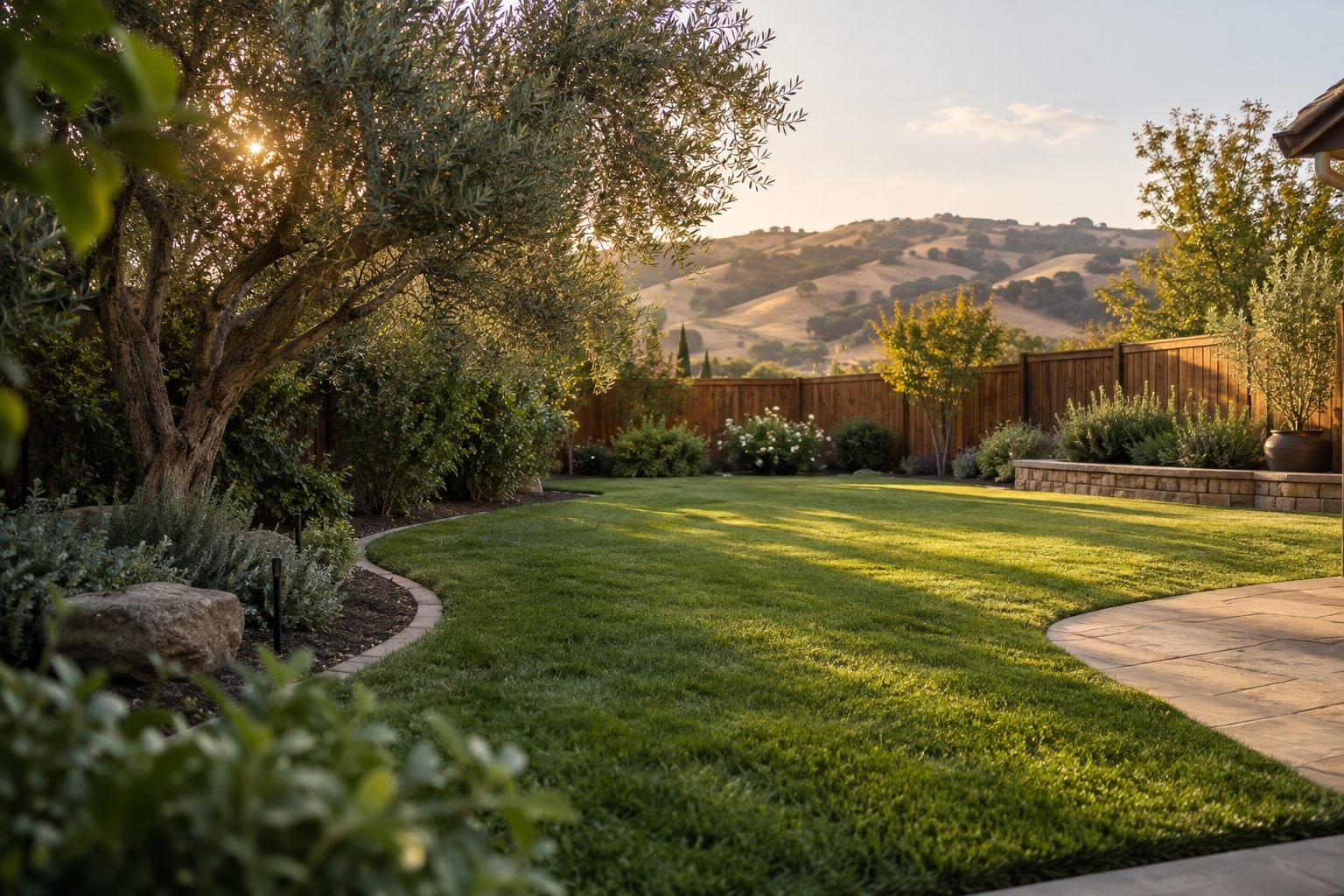 Illustrative view of a green residential yard with an olive tree and cedar fence