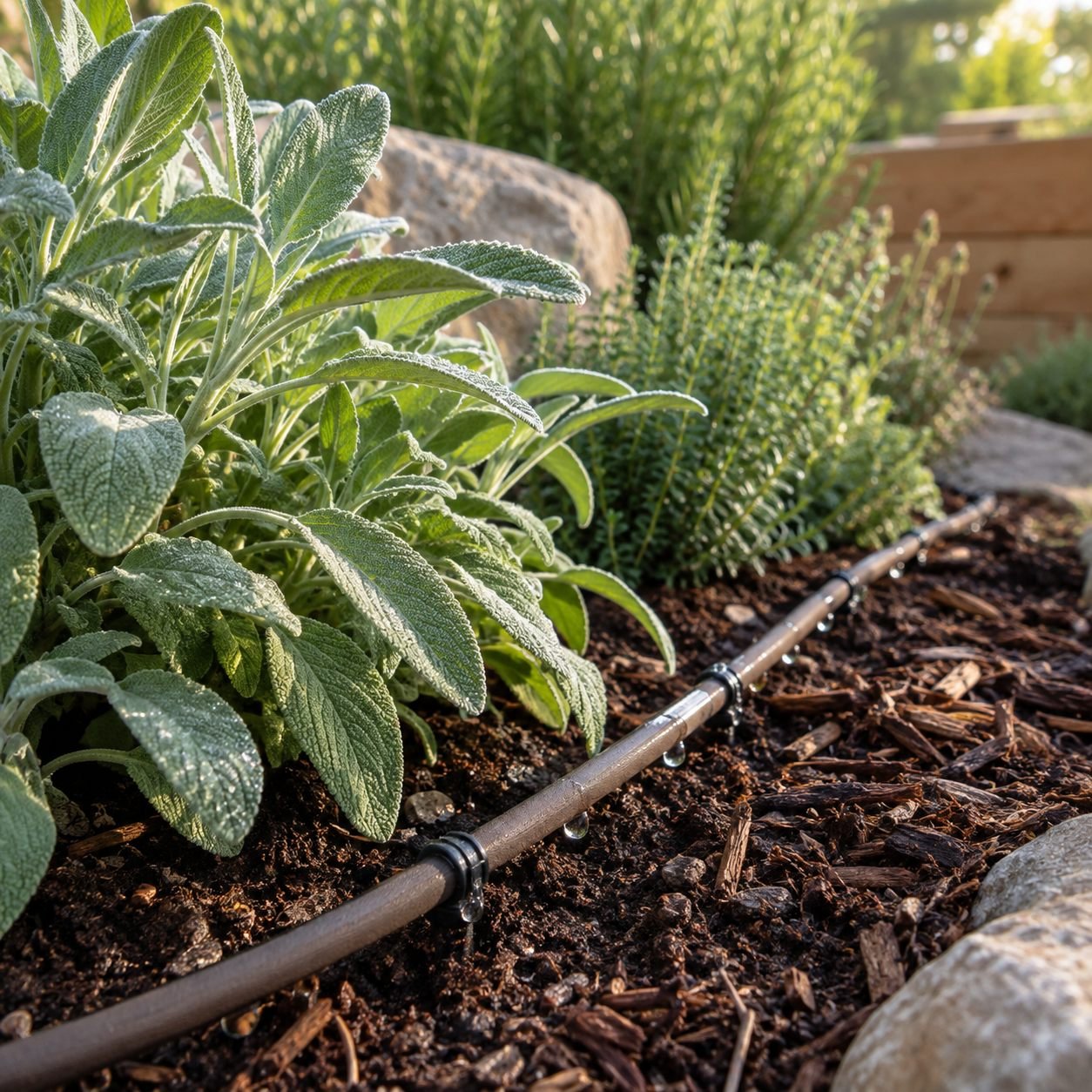 Illustrative drip irrigation among garden plants